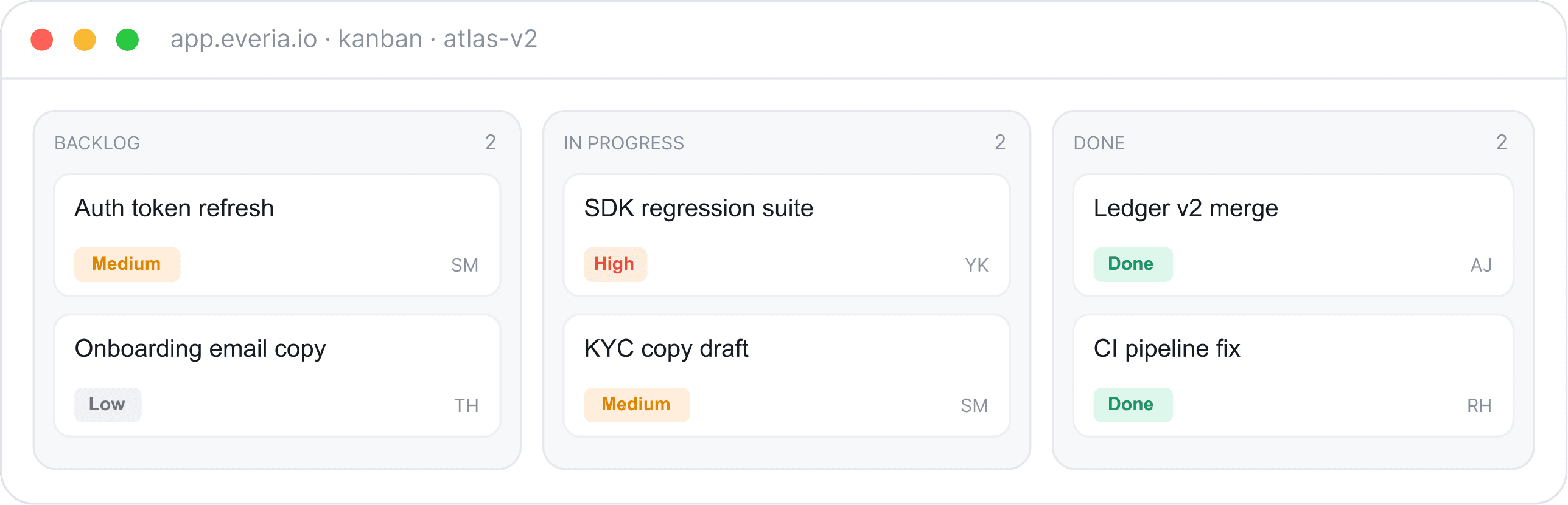 Everia Kanban workspace
