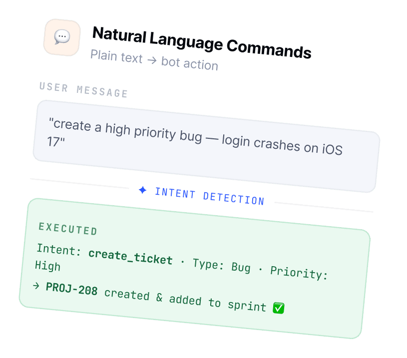Natural Language Commands — plain text turned into a bot action